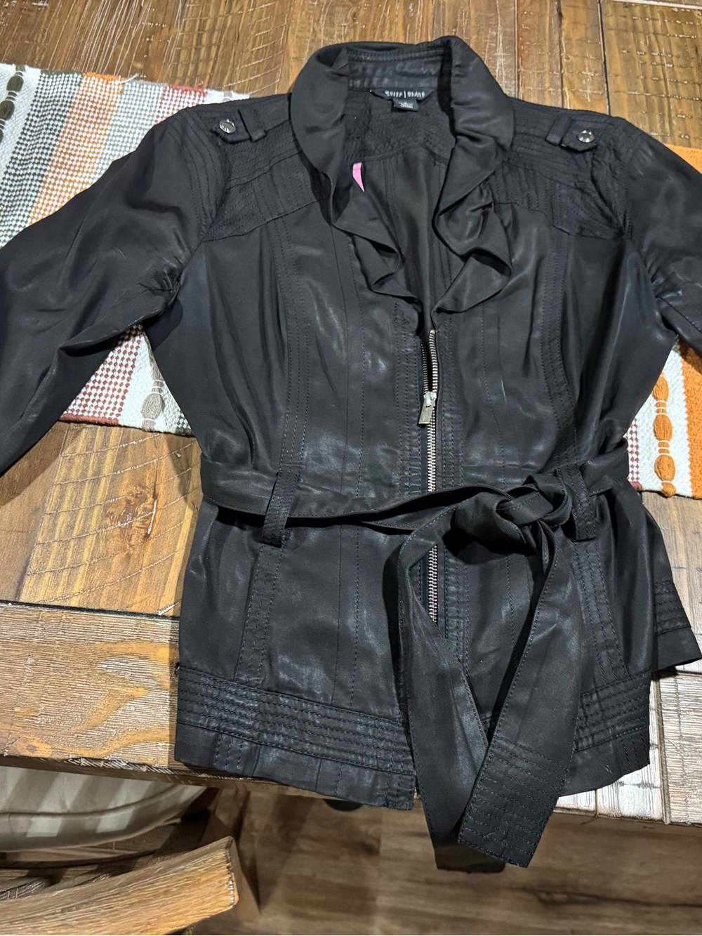 Dressy White House Black Market Women's Belted Jacket with Ruffle Collar.